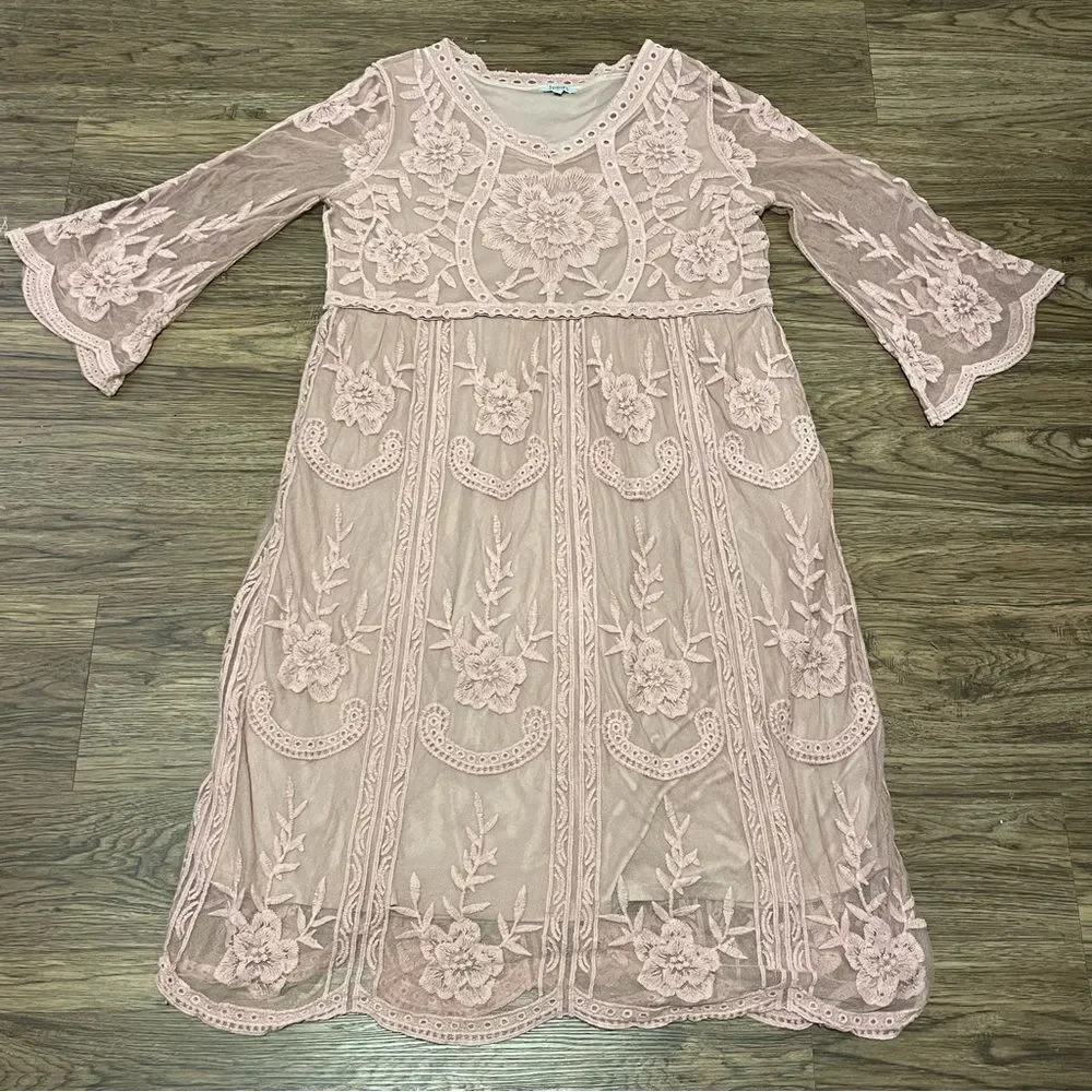 Jodifl Boho Hippie Blush Pink Dress Embroidered Sheer Mesh Over Lining Sz M/L